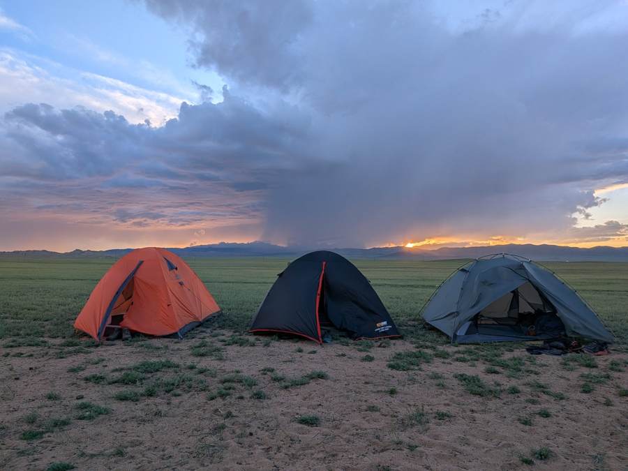 Tents under a storm front at dusk, Mongolia 2026